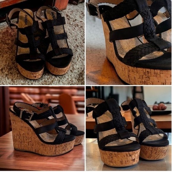 Soda Black Vegan Stappy 6” cork heeled platform wedges. SZ10 Great Condition. - Picture 12 of 16